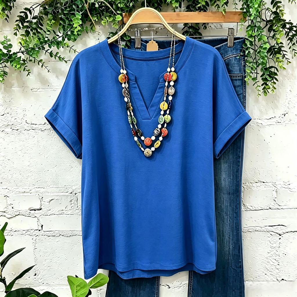 Women's Casual Solid Color V Neck Short Sleeve Top Lightweight Breathable Linen Cotton Blend Shirt for Daily Wear