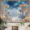 Winter Window View Tapestry Wall Hanging Snowy Castle Giant Mushroom Aurora Aesthetic Wall Art Bedroom Dorm Decor