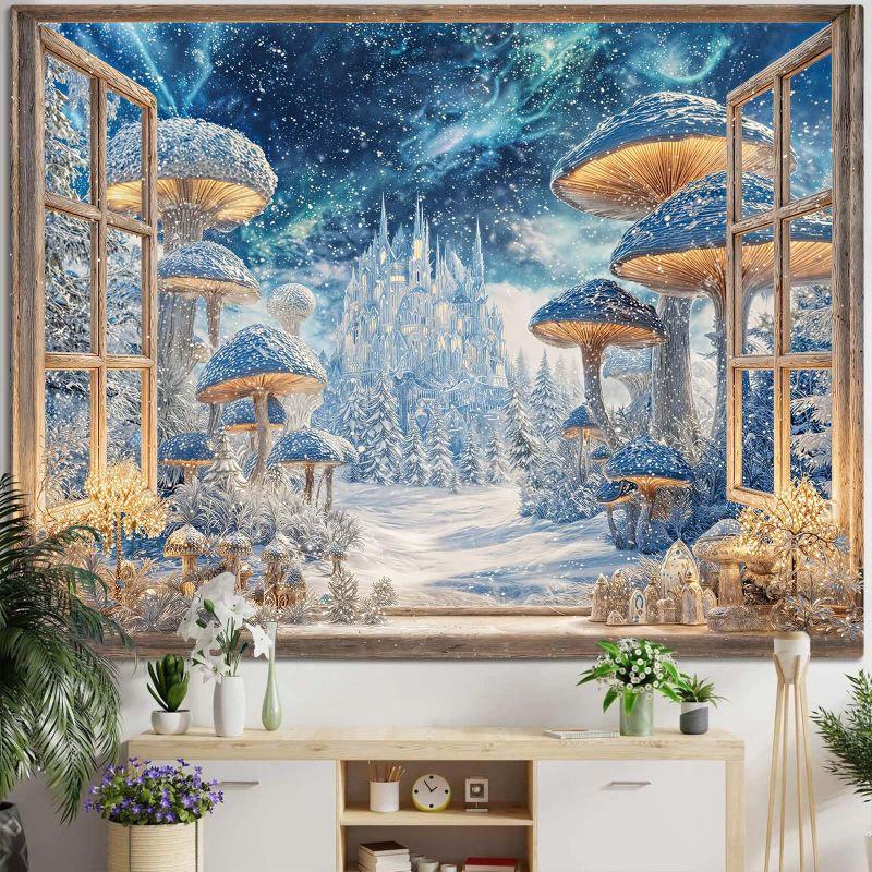 Winter Window View Tapestry Wall Hanging Snowy Castle Giant Mushroom Aurora Aesthetic Wall Art Bedroom Dorm Decor