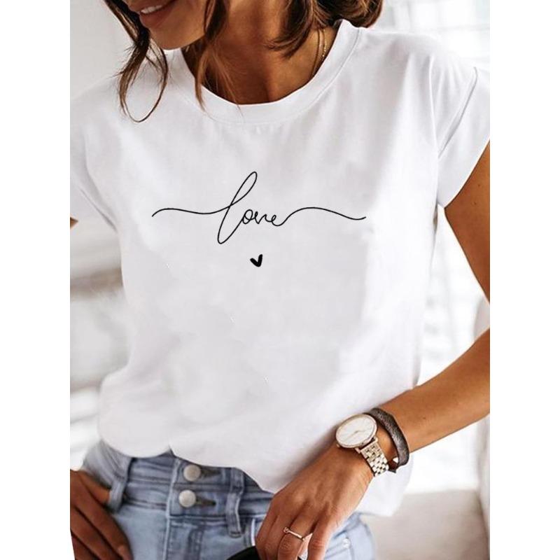 (European Size)  90s Style Women Tee Top Love Heart Cute Short Sleeve Fashion Print Lady Clothing Casual Tshirt Female Graphic T-shirts