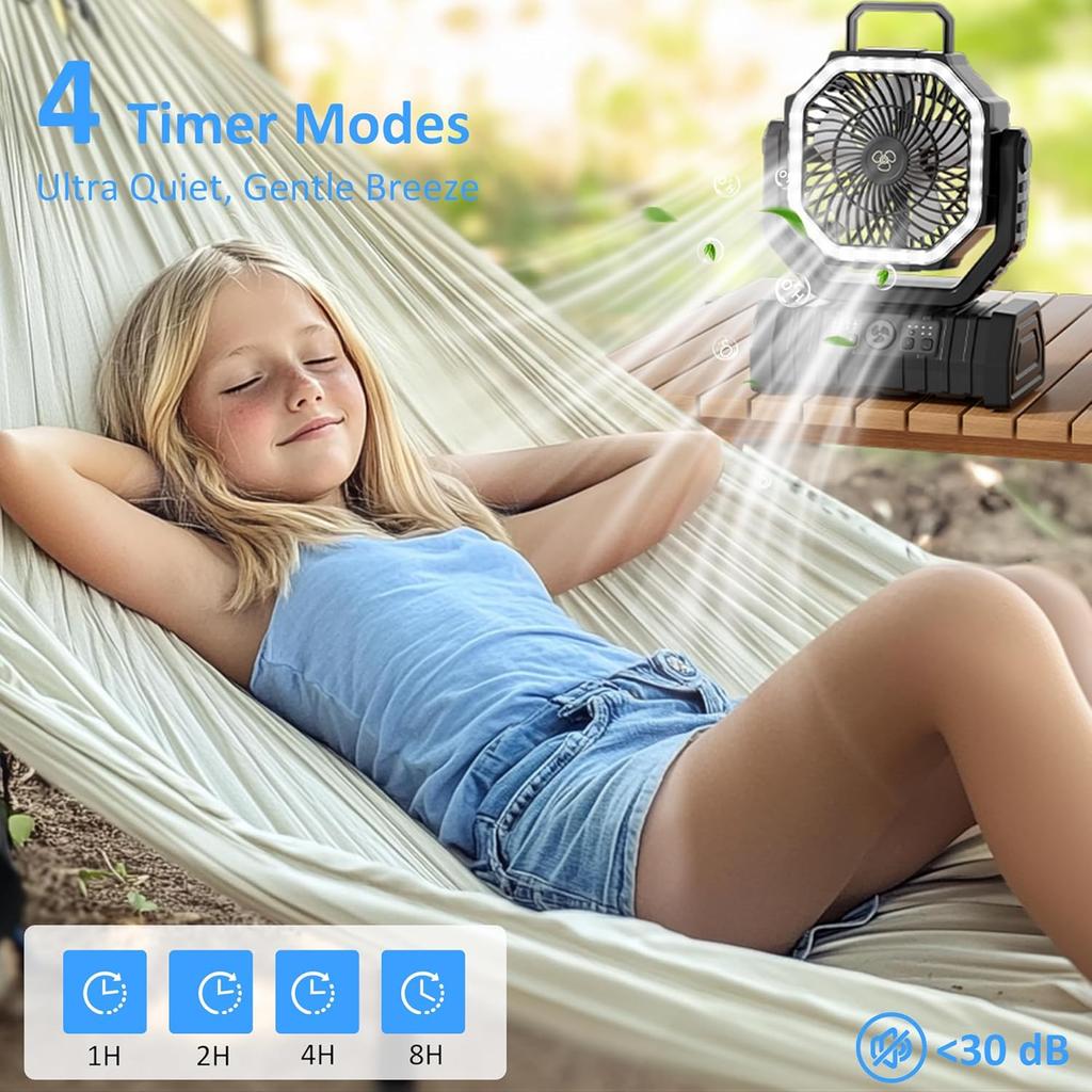 Portable Fan Rechargeable, 20000mAh Cordless Battery Powered Camping Fan with LED Light & Remote, 4 Speeds Wind, Timer, USB C