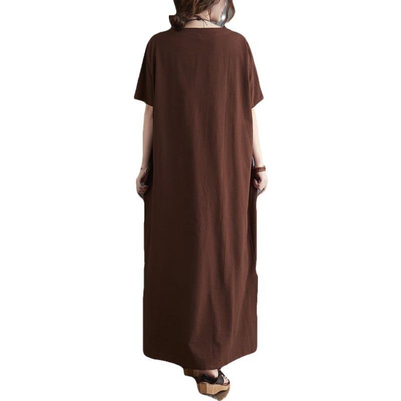 Real Summer New Literary Large Size Loose Solid Color V-neck Short-sleeved Dress Women's Long Dress