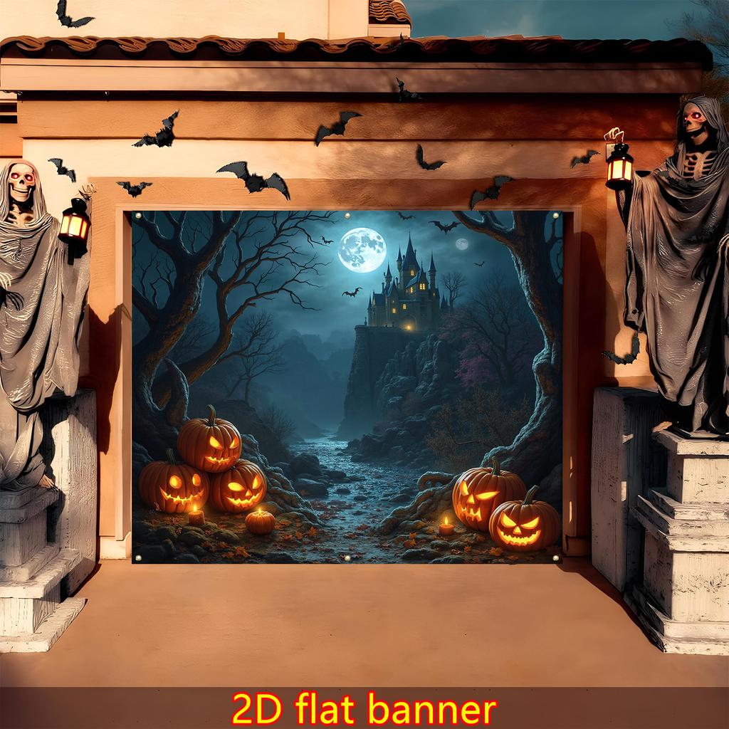 2D Flat Halloween Garage Door Decoration Background Banner Pumpkin Lantern Haunted Night scene.PMJ