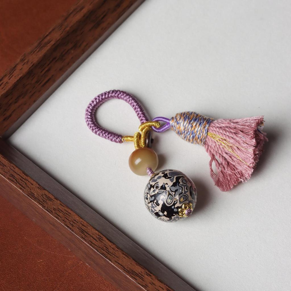 Handmade Cotton Thread Keychain with Mother-of-Pearl Lacquer Beads - New Chinese Style