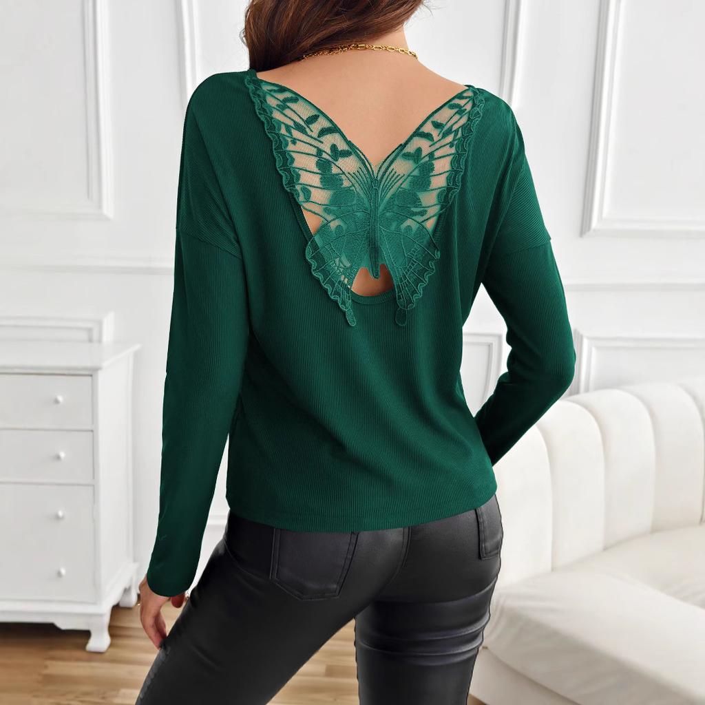 Women's Solid Color Back Splicing Butterfly Flower Rib Long Sleeve T-shirt Tops for Women Versatile Closet Essential Fashion Items Shirt