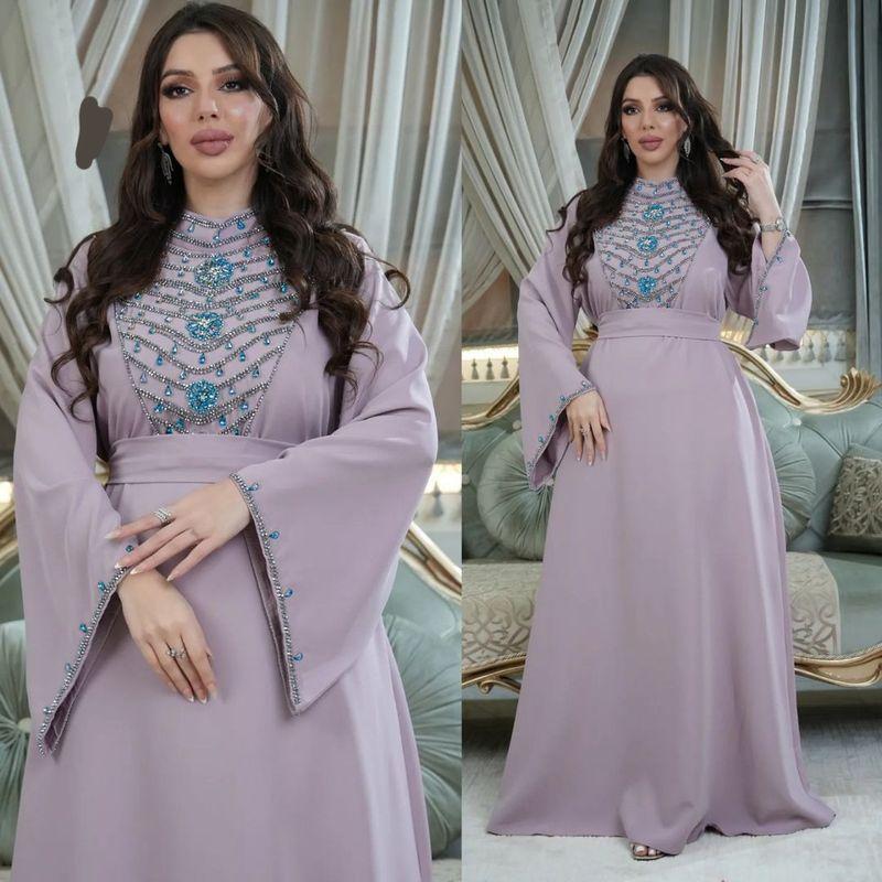 

Индонезия Ближний Восток Новинка Арабское Дубайское Платье Капля Воды Стразы Воротник-стойка Расклешенные Рукава Платье Платья Purple 2XL