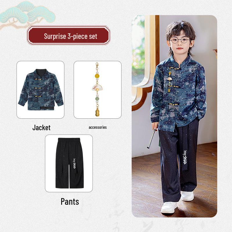 Boys' Traditional Hanfu Set: Stylish Outfit for Spring/Autumn, Perfect for Performances, Recitations, and First Birthdays.