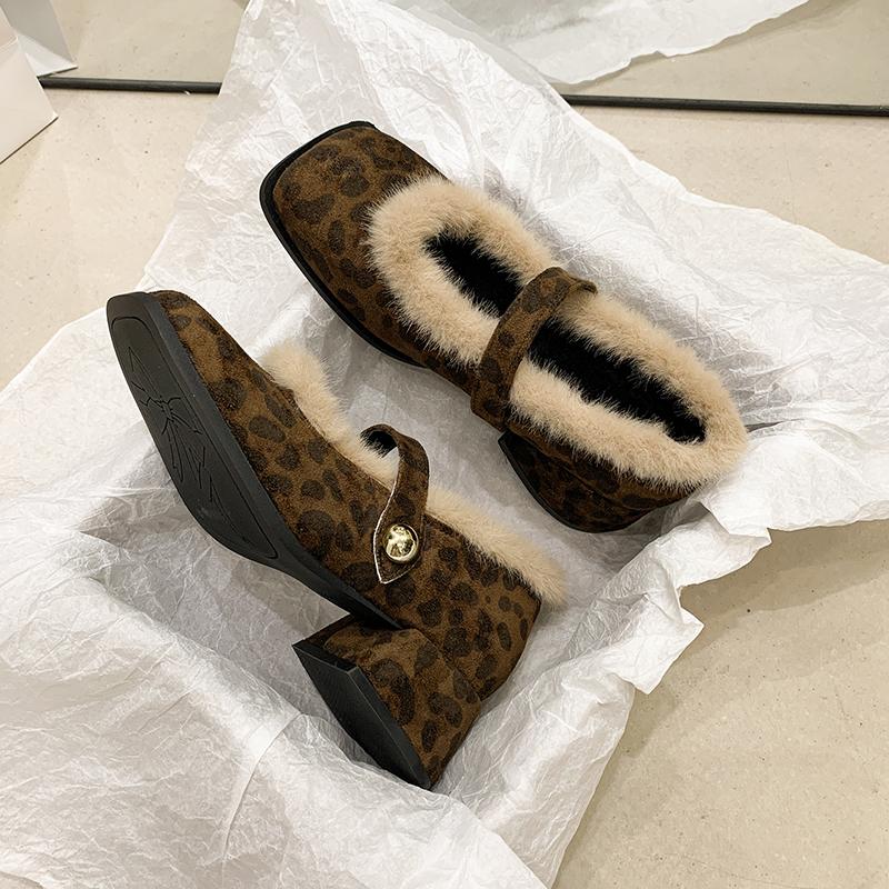 Vintage Platform Thick Sole Women Fur Lining Mary Jane Shoes Fashion Slip On Shoes Ladies Dress Thick Heel Warm Cotton Shoes
