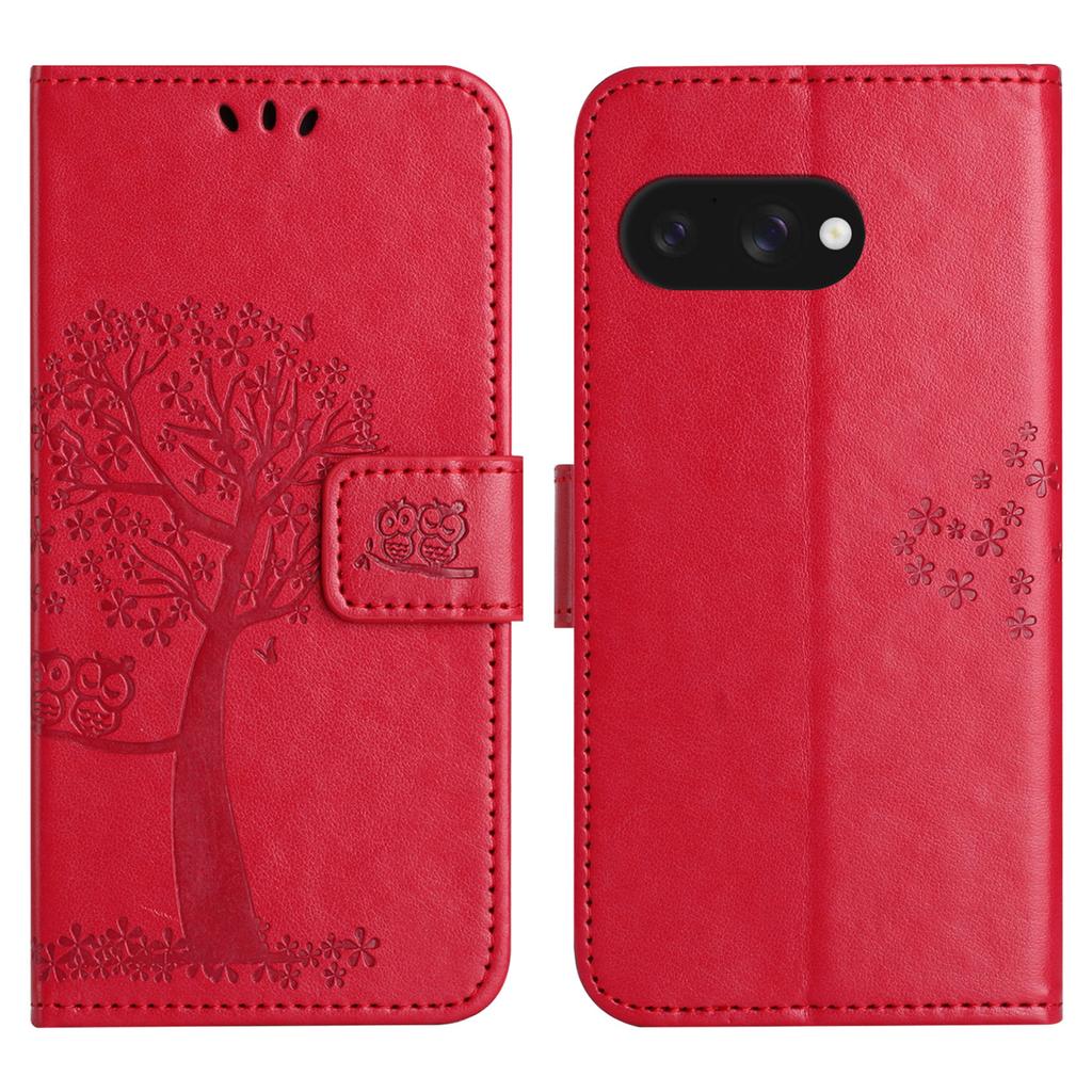 For Google Pixel 9a Case PU Leather Owl Tree Imprinted Wallet Phone Cover