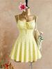 Women Thin Spaghetti Strap Ditsy Floral Front Tie Ribbed Mini Skater Dress 2026 Summer Y2K Yellow Cute Beach Vacation Swing Shor