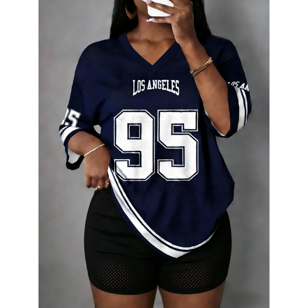 Women's Los Angeles NO.95 Print V-Neck Short Sleeve Hole Mesh T-Shirt Summer Tee Baseball Jerseys Sport T-Shirts
