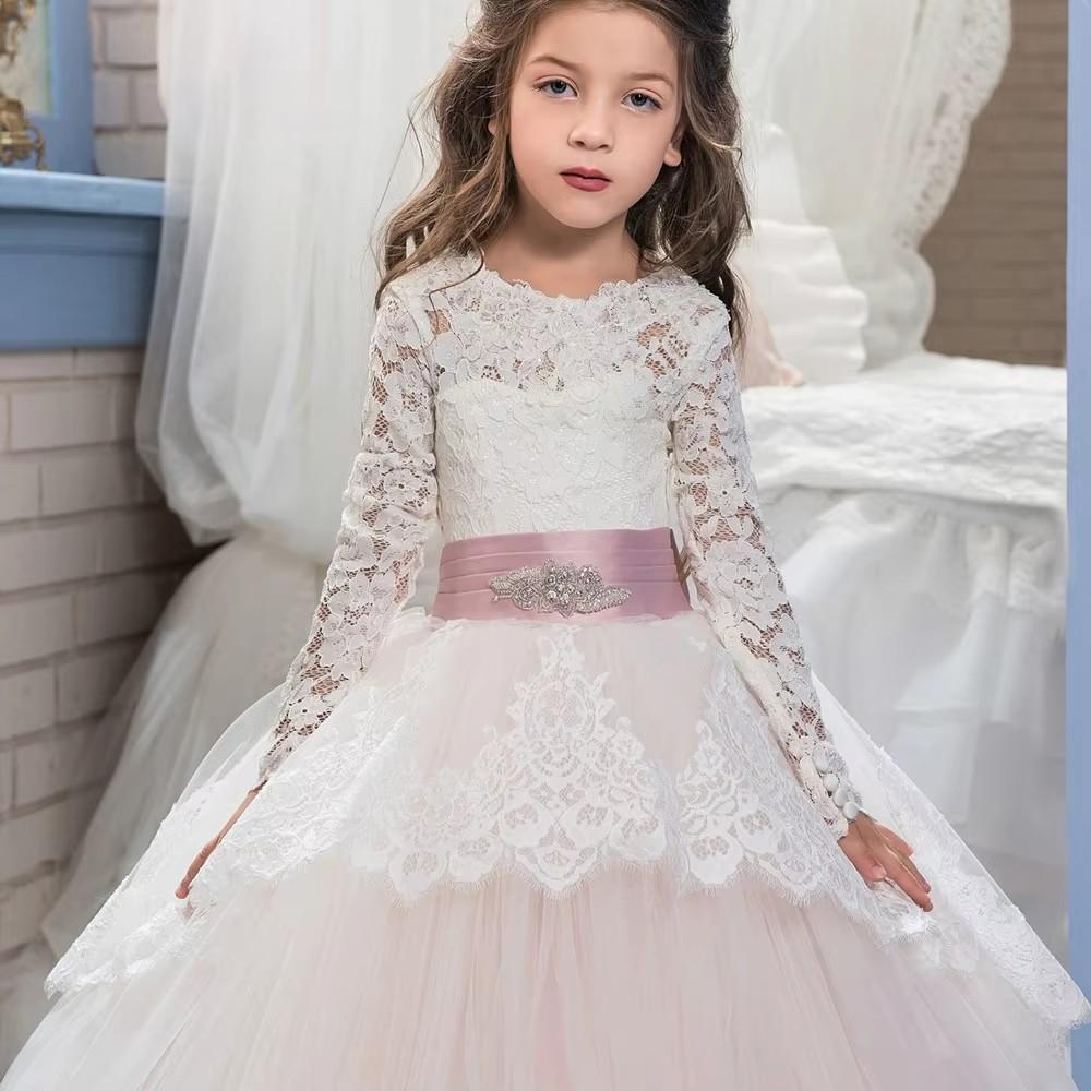 Light Pink Flower Girl Dress Quality Lace Applique for Wedding Ball Gowns Junior Bridesmaid Kids Birthday Party Princess