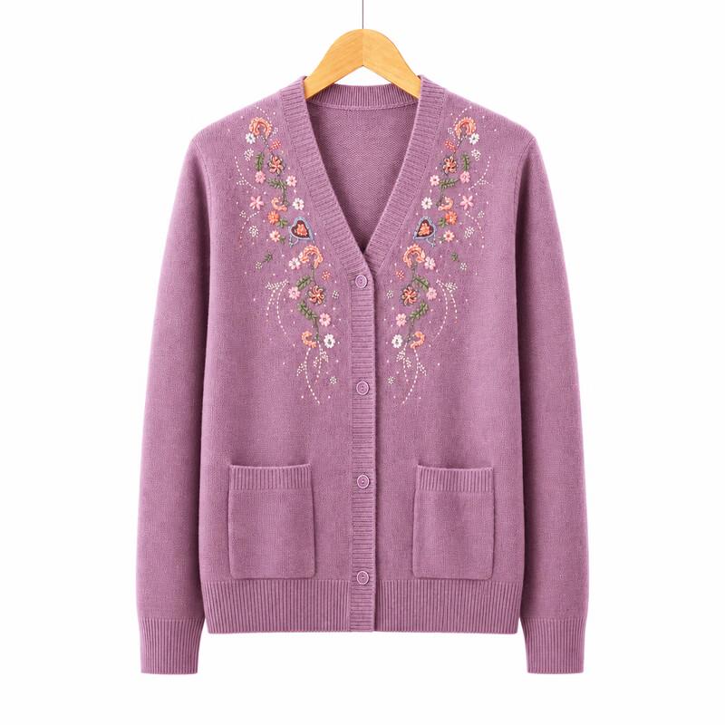 Women's V-Neck Embroidered Rhinestone Knit Cardigan for Mature Ladies