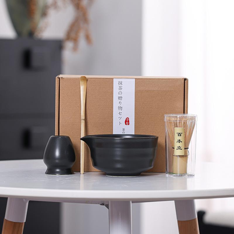 4Pcs Japanese Matcha Set Bamboo Whisk Teaspoon Ceramic Bowl Tranditional Tea Set Home Tea-Making Tools Accessories Birthday Gift