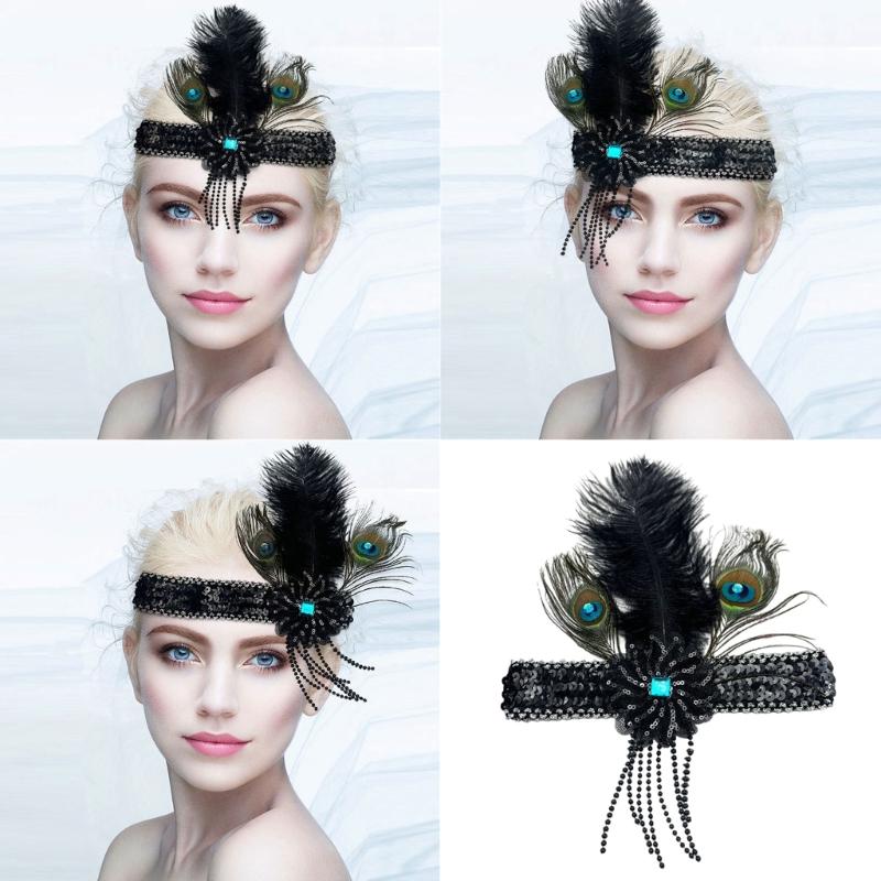 Stretchable Hairband With Glitter Fringe Natural Ostrich Peafowl Feather Comfortable Adjustable Headpiece For Event