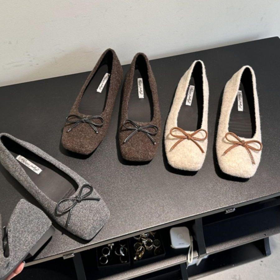Gentle Cream Tie Bow Flat Shoes Lazy One Pedal Shallow Mouth Square Head Flat Heel Single Shoes Fluffy Shoes Suede Shoes