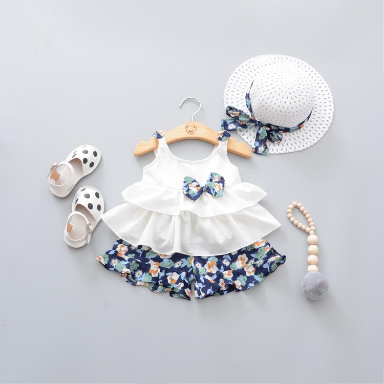 Summer Sleeveless Girls Suit Chiffon Dress + Suspender Shorts Casual Floral Dress Girls Clothes Set With Straw Hat