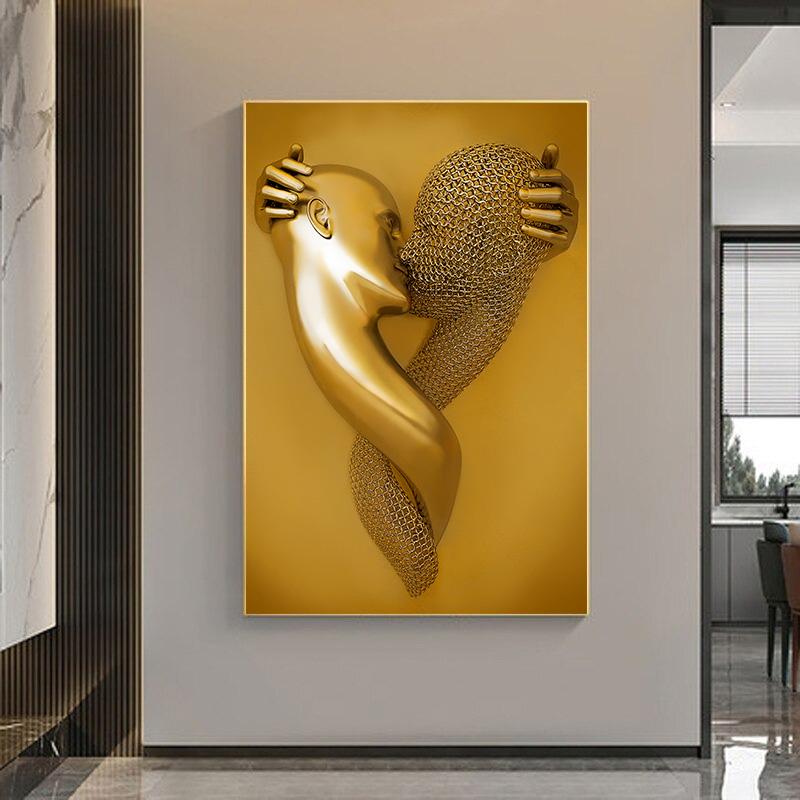 Abstract Gold Metal Figure Statue Minimalist Wall Art Print Canvas Painting Posters for Living Room Modern Home Decor