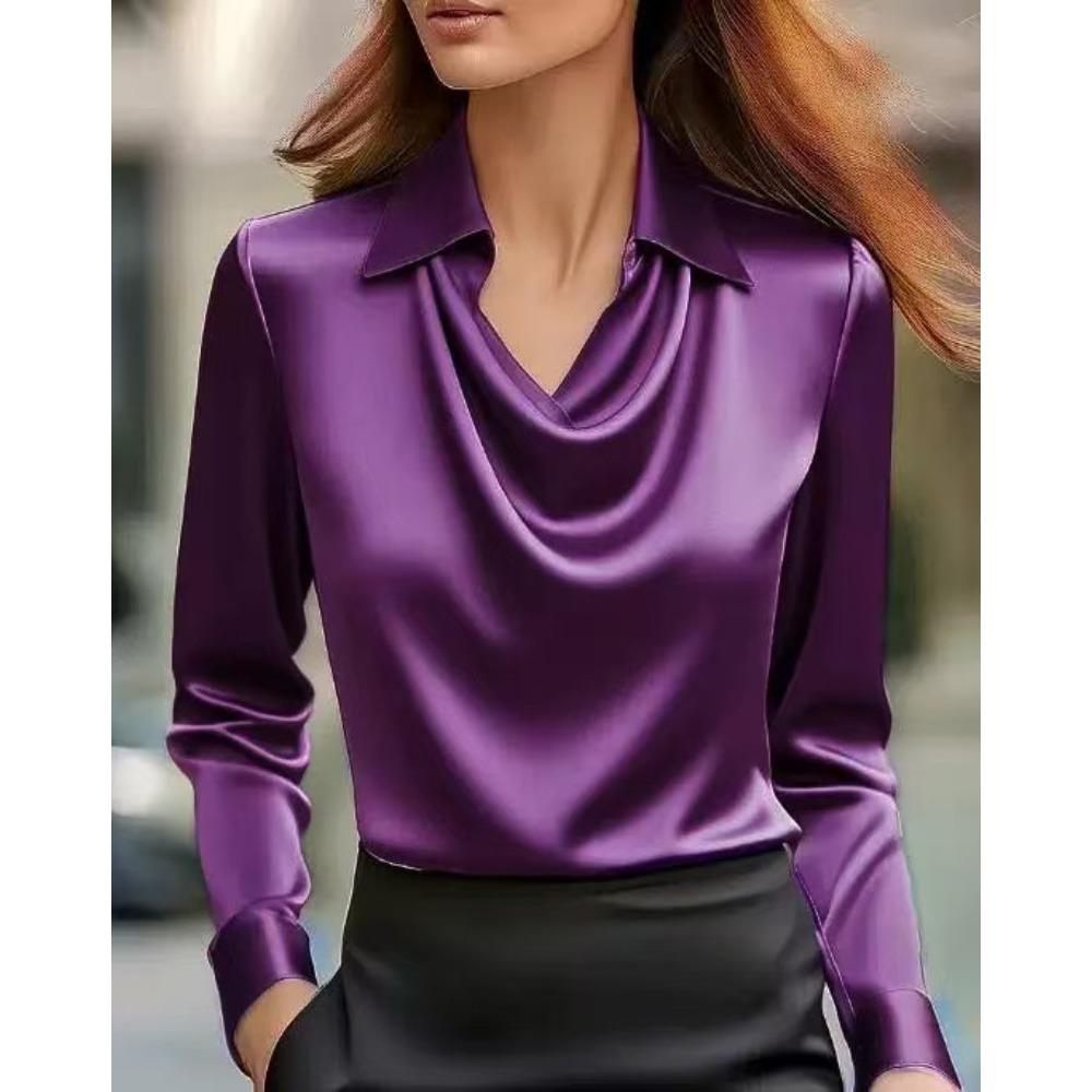 Women's Turn Down Collar Cowl Neck Long Sleeve Satin Blouse Regular Fit Elegant Work Shirt