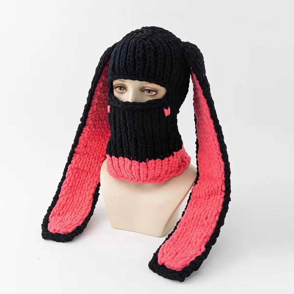 Long Bunny Ears Hat Winter Hand Made Knitted Funny Beanie Cap Thicken Warm Full Face Ski Mask Cover Balaclava For Party