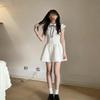White Xiaoyu Original College Style Bow Strap Polo Shirt Dress Women's Summer Pinch Waist Skinny Pleated Short Skirt