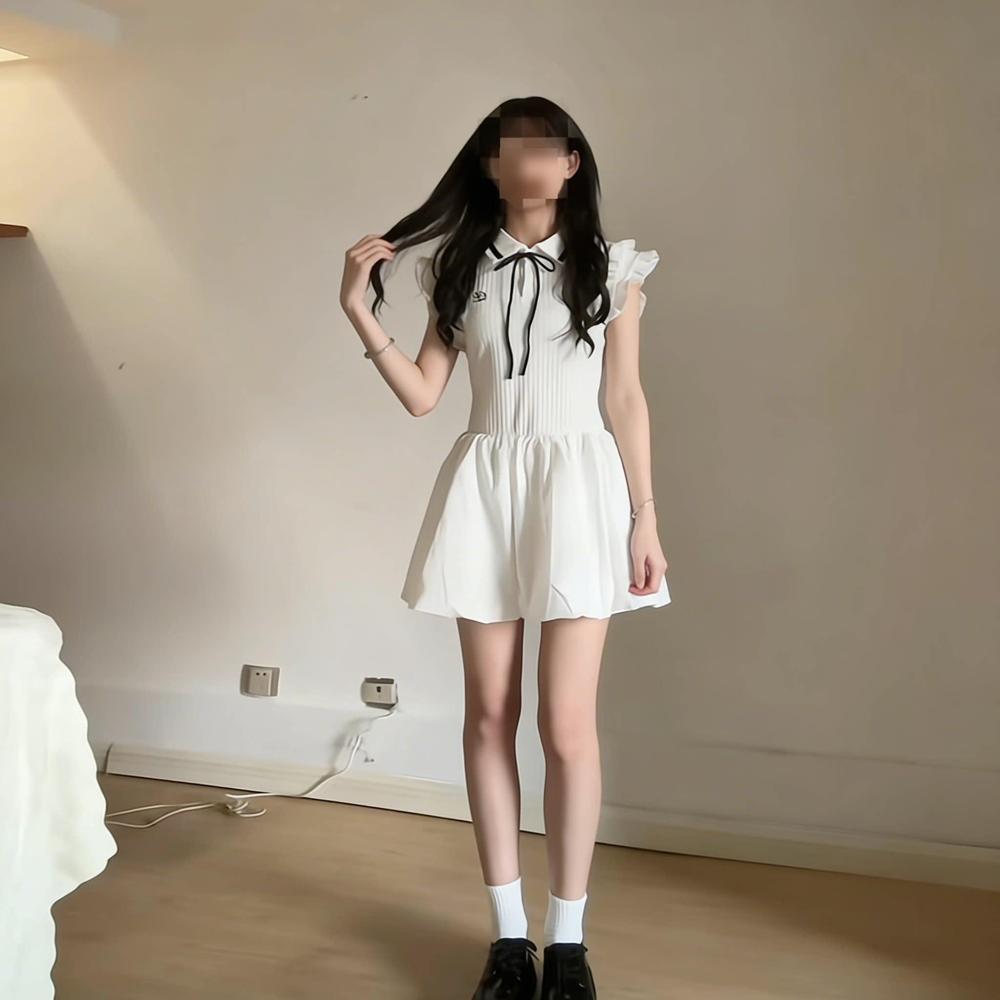White Xiaoyu Original College Style Bow Strap Polo Shirt Dress Women's Summer Pinch Waist Skinny Pleated Short Skirt
