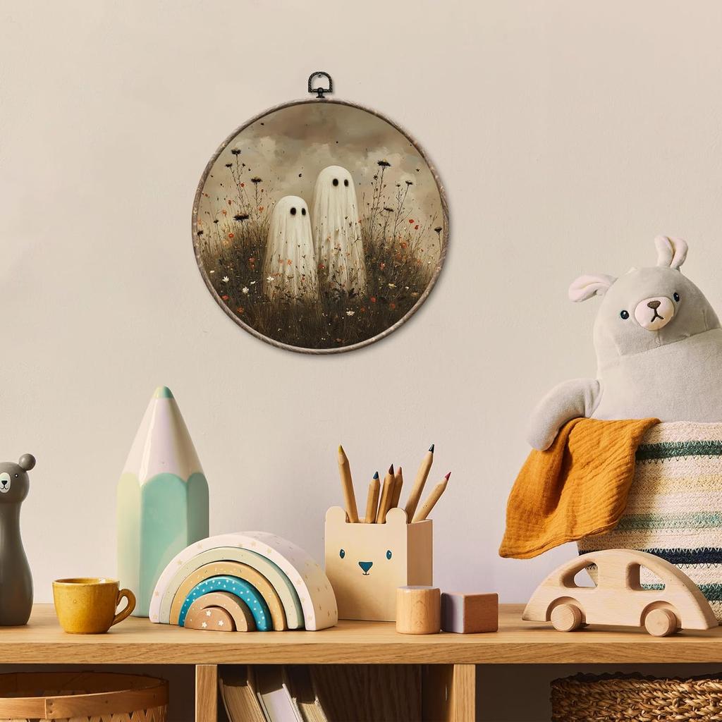 EGVQK Vintage Halloween Ghost Round Wall Art, Moody Wildflower Spooky Ghost Framed Canvas Prints Wall Art, Halloween Round Canvas Hanging Walls Decor