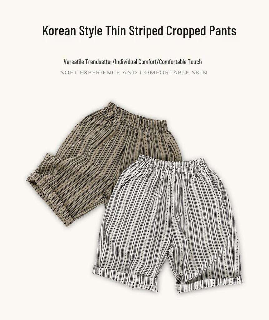Kids' Japanese Style Vertical Stripe Cotton Linen Pants – Breathable, Straight 7-point Summer Pants for Boys and Girls, Trendy Korean Casual