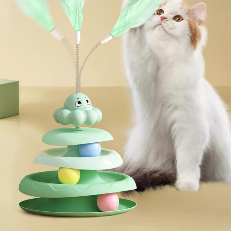3-stöckiger Katzenspielturm Drehteller Rollkugelspielzeug Interaktives Intelligenz-Trainingsbahn Puzzle Lustige Spiele Zubehör