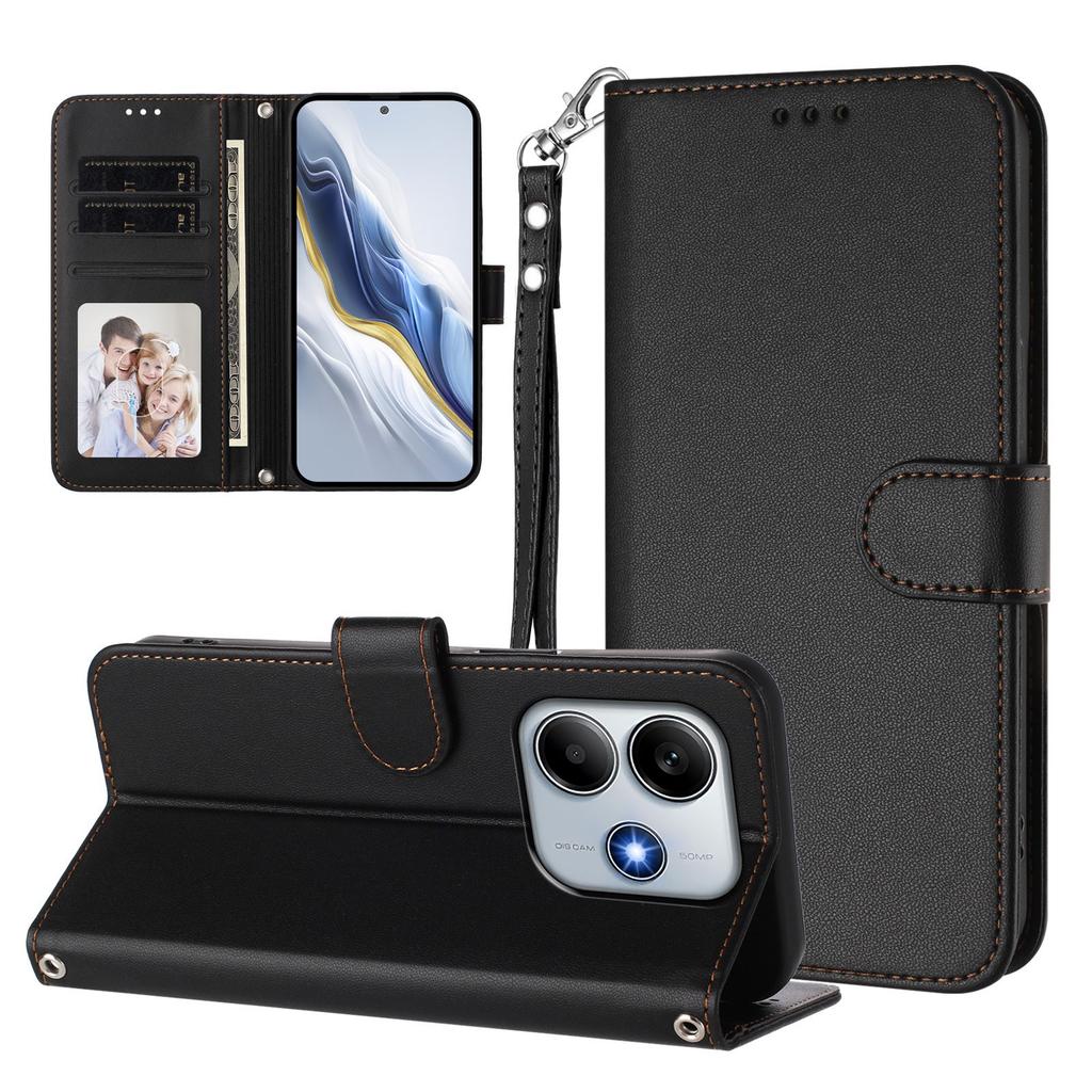For Xiaomi Redmi Note 14 5G (China)/Xiaomi Poco M7 Pro 5G/Xiaomi Redmi Note 14 5G Leather Case Wallet Stand Phone Cover with Wrist Strap