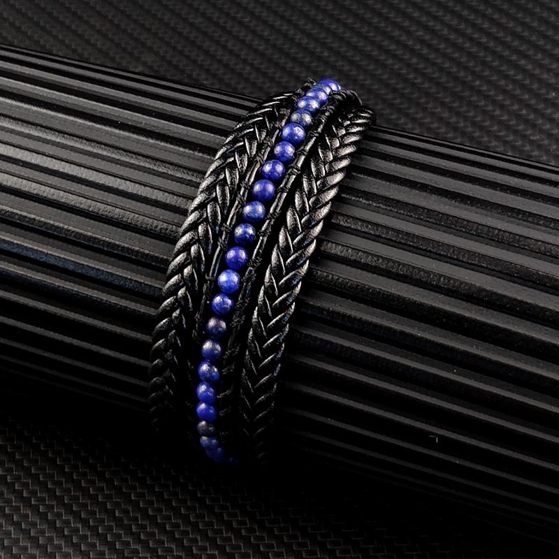 MingAo Punk Stainless Steel Beaded Custom Name Men Charm Bracelet Multi-layer Bangle Leather braid Magnet Clasp bracelet Jewelry