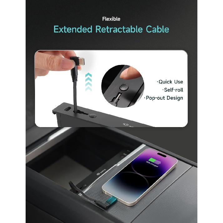 TPARTS Muti-Ports USB Hub For Tesla Model 3 Highland 2024+/Model Y Juniper 2025+, Center Console Hidden Fast Charger With Retractable Cable Model 3/Y