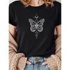 Plus Size T-Shirt with A Phase Butterfly Line Pattern Print, Black Short-Sleeve Round Neck Printed T-Shirt - Machine Washable,