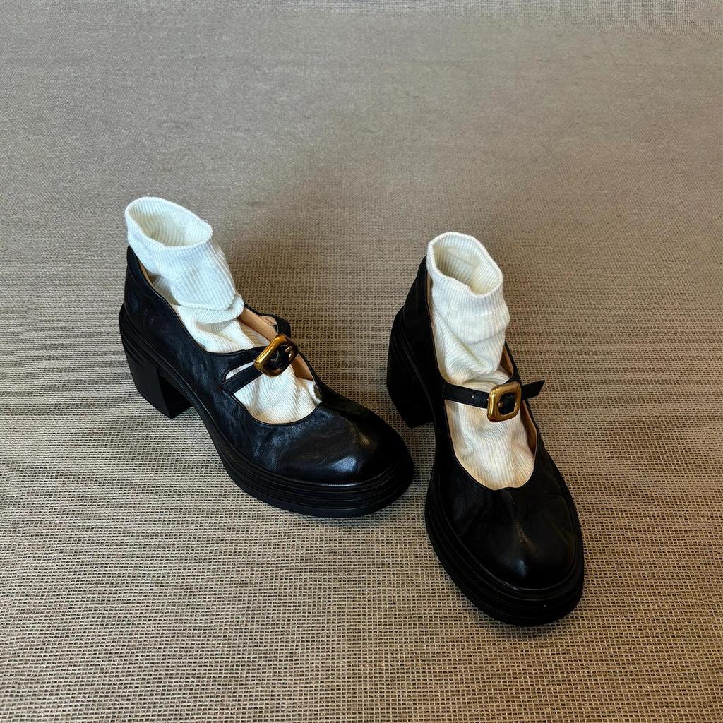Sheepskin Version~ British Versatile Thick-soled Round-headed Small Leather Shoes for Women's Retro Shallow Mouth One-word Buckle Thick-heeled Mary