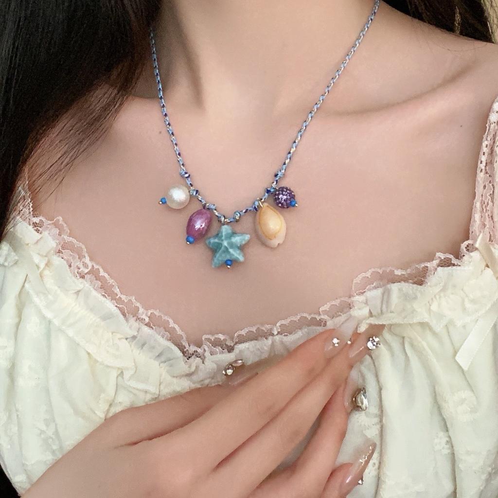 Fashion Ocean Resort Wind Color Rope Necklace Ceramic Color Starfish Shell Starfish Conch Full Diamond Ball Necklace