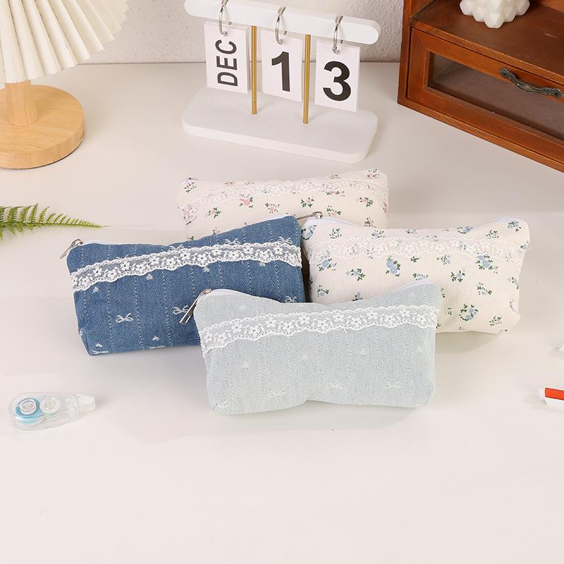 Aesthetic Floral Lace Pencil Case for Girls Large Capacity Makeup Bag with Zipper Cute Ins Style School Organizer Pen Holder