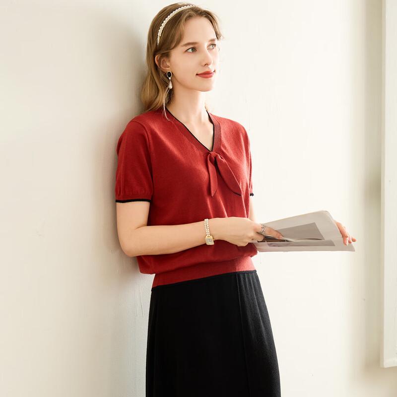 TUHUANG Women's Bowknot Color-Block V-Neck Knit Top