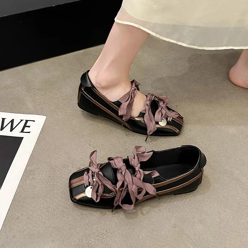 Fashion Women Ballet Flats Strappy Shoes Ballerina Splicing Pumps Bowknot Square Closed Toe Sandals Comfortable Low Heel Casual Sandals