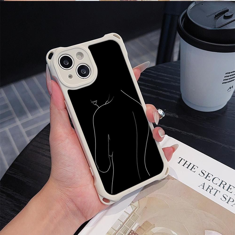 Ae79 Femme Framed Black Art Soft Phone Cases for iPhone 16 15 14 13 12 11 Pro Max 7 8 Plus XR XS with Wrist Strap Lanyard Corner Protection Back Cover
