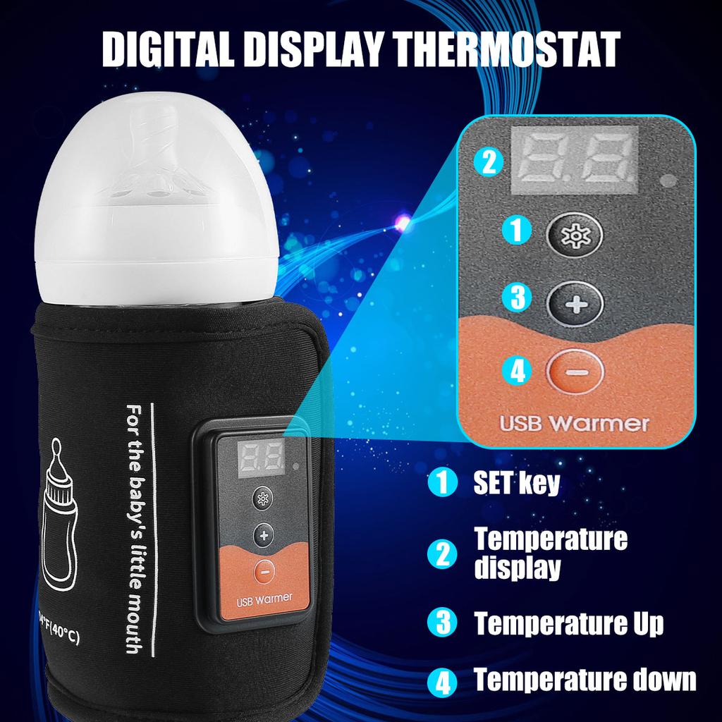 Baby Bottle Warmer USB Powered Feeding Bottle Heater with Adjustable Heating Temperature Portable Thermal Insulation Bag