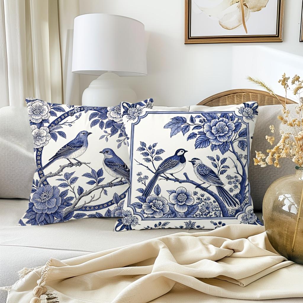 1/4 Stück Blaue und Weiße Vogel- und Blumenmuster-Kissenbezüge Sofakissenbezug Heim Schlafzimmer Zimmer Dekoration