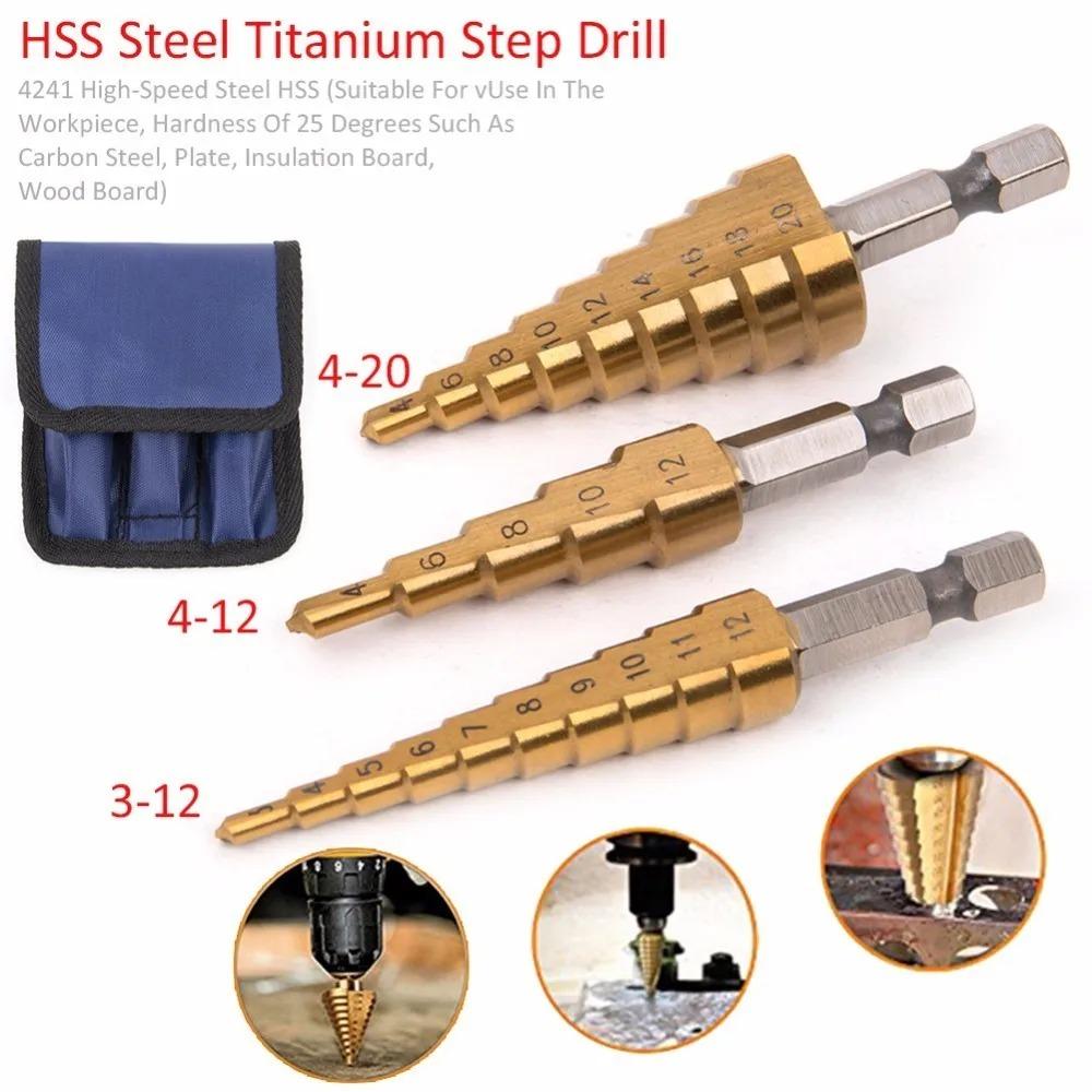 3Pcs Hss Steel Titanium Step Drill Bits 3-12/4-12/4-20mm Step Cone Cutting Tools Steel Woodworking Wood Metal Drilling Set