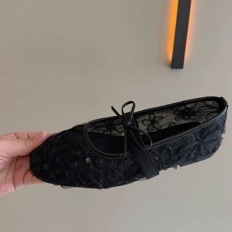 Fashion Square Toe Lace Mesh Bow Mary Jane Shoes Women's Summer New Breathable Slip Strap Soft Sole Non-Slip Flat Single Shoes