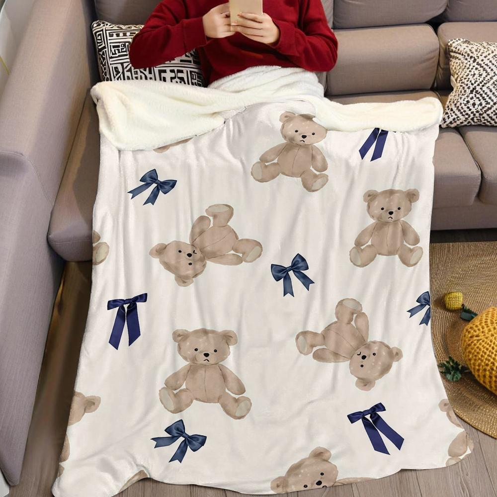 Teddy Bears and Bows Flannel Blanket Warm Soft Halloween Christmas Couch Warm Cozy Decorative Decor Gift for All Season