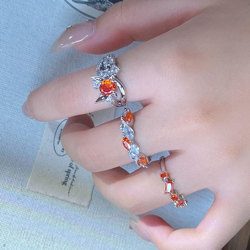 Small Fresh Orange Red Colored Treasure Zircon Row Diamond Opening Ring Light Luxury High Sense Niche Personality Stacked Ring Woman