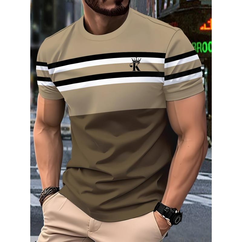 Men s 3D Digital Printed T-shirt - Khaki with Black and White Stripes S