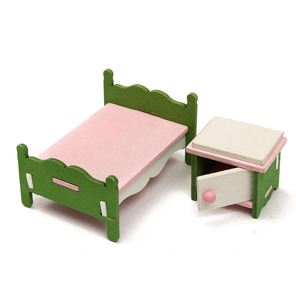Doll House Miniature Bedroom Wooden Furniture Set Kids Role Pretend Play Toy