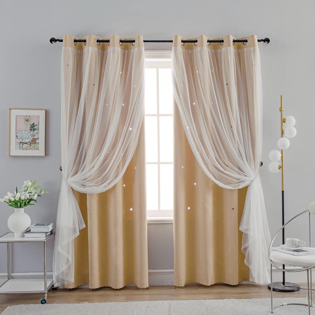 Double Layer Curtains with Star Cut-Outs Blackout Rod Pocket Drapes Projects Beautiful Starry Patterns Home Window Decor
