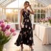 Women Sleeveless V Neck Waist Zip Floral Print Evening Gown Dress with Flowing A Line for Formal Occasions