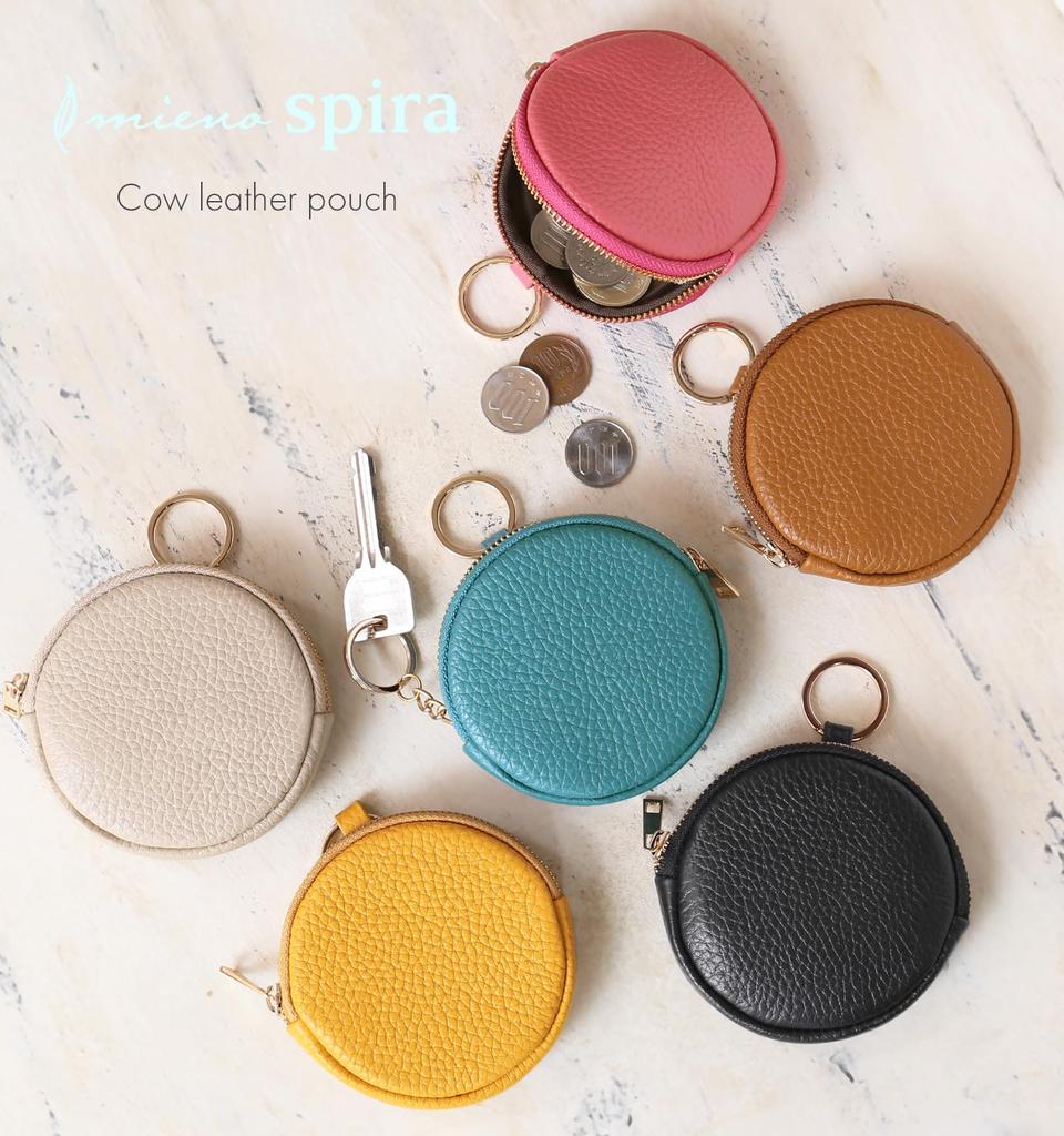 mieno Women's Leather Coin Purse, Small Item Case, Cowhide Leather Mini Pouch, Circle Pouch, Round (Black)